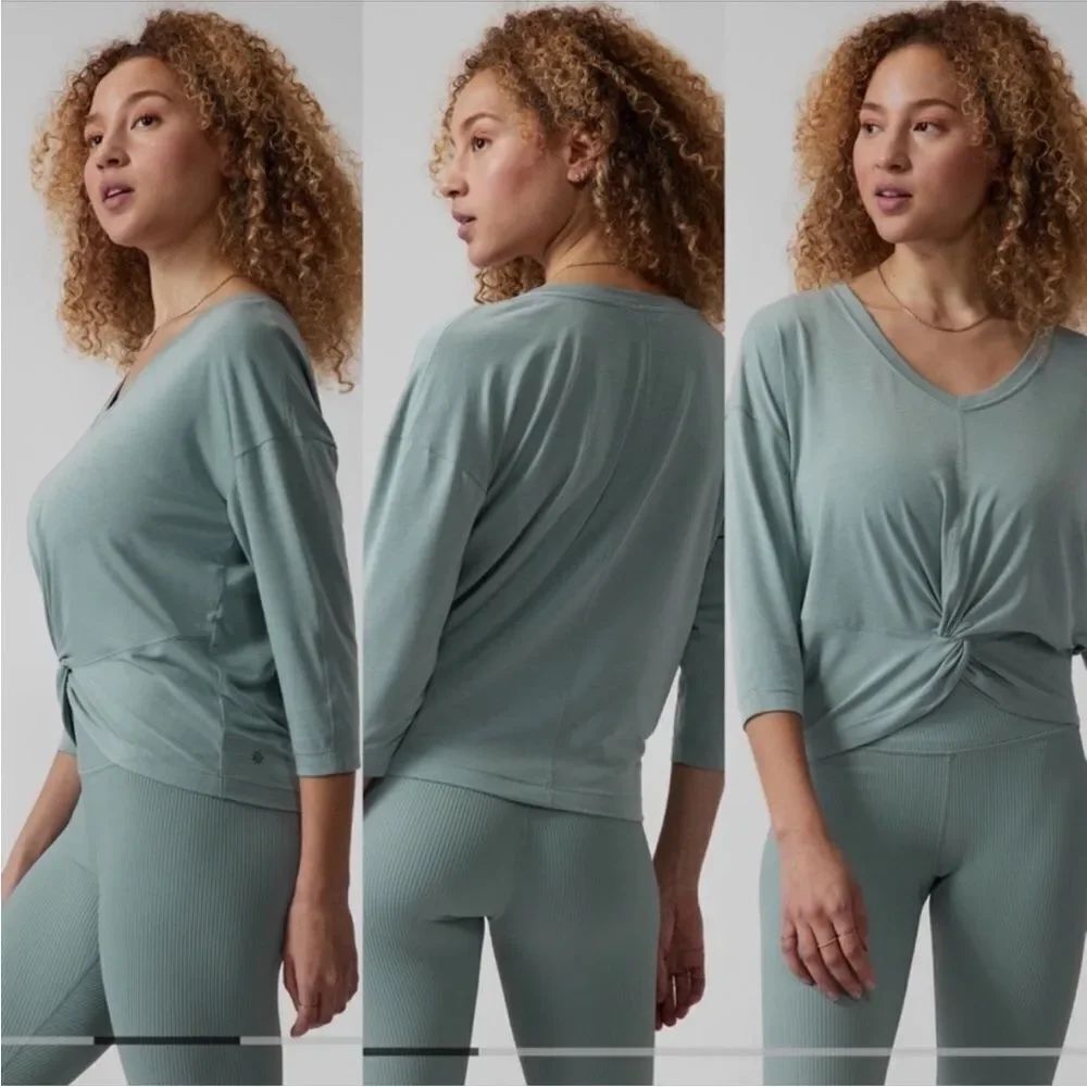 ATHLETA | Embody Sage Green Twist Front Top 3/4 Length Sleeves Women’s Size L
